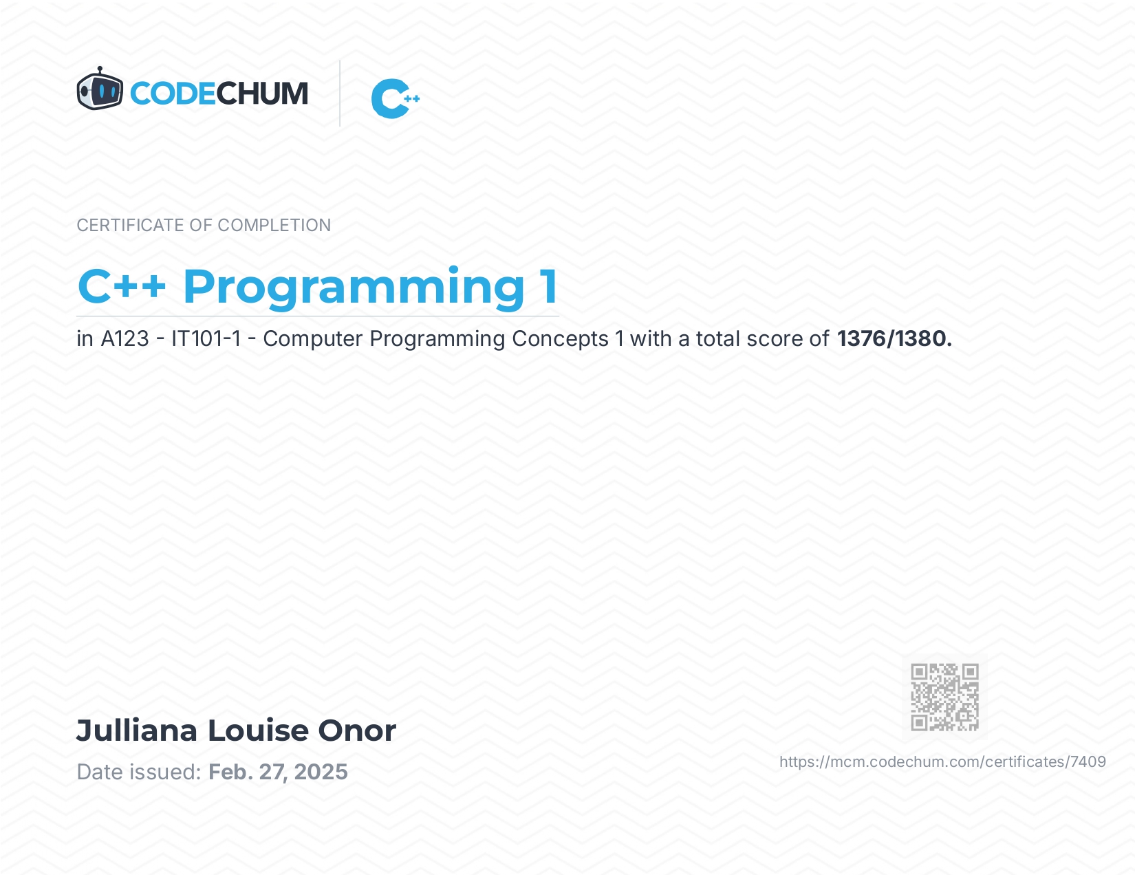 CodeChum C++ Programming Certificate