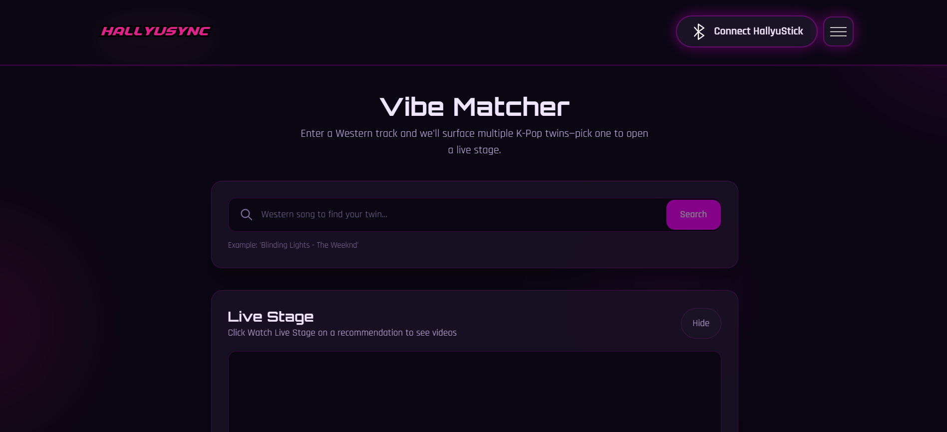 Screenshot of HallyuSync – K-pop vibe matcher and live stage app